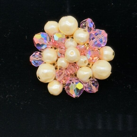 Vintage Faux Pearl Pink Aurora Borealis Crystal Cluster Brooch Pin - Picture 1 of 7